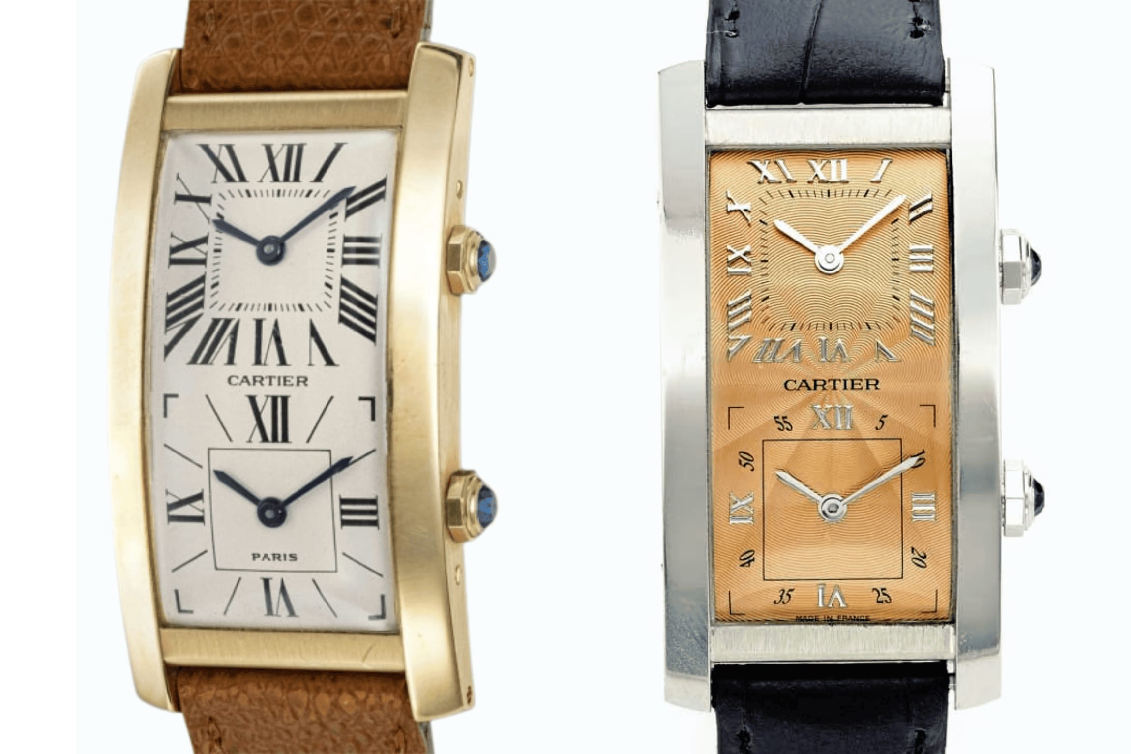 1990 Cartier Tank Cintrée Dual Time in yellow gold (left); 1998 Cartier CPCP Tank Cintrée Dual Time in platinum limited to 50 pieces (right)