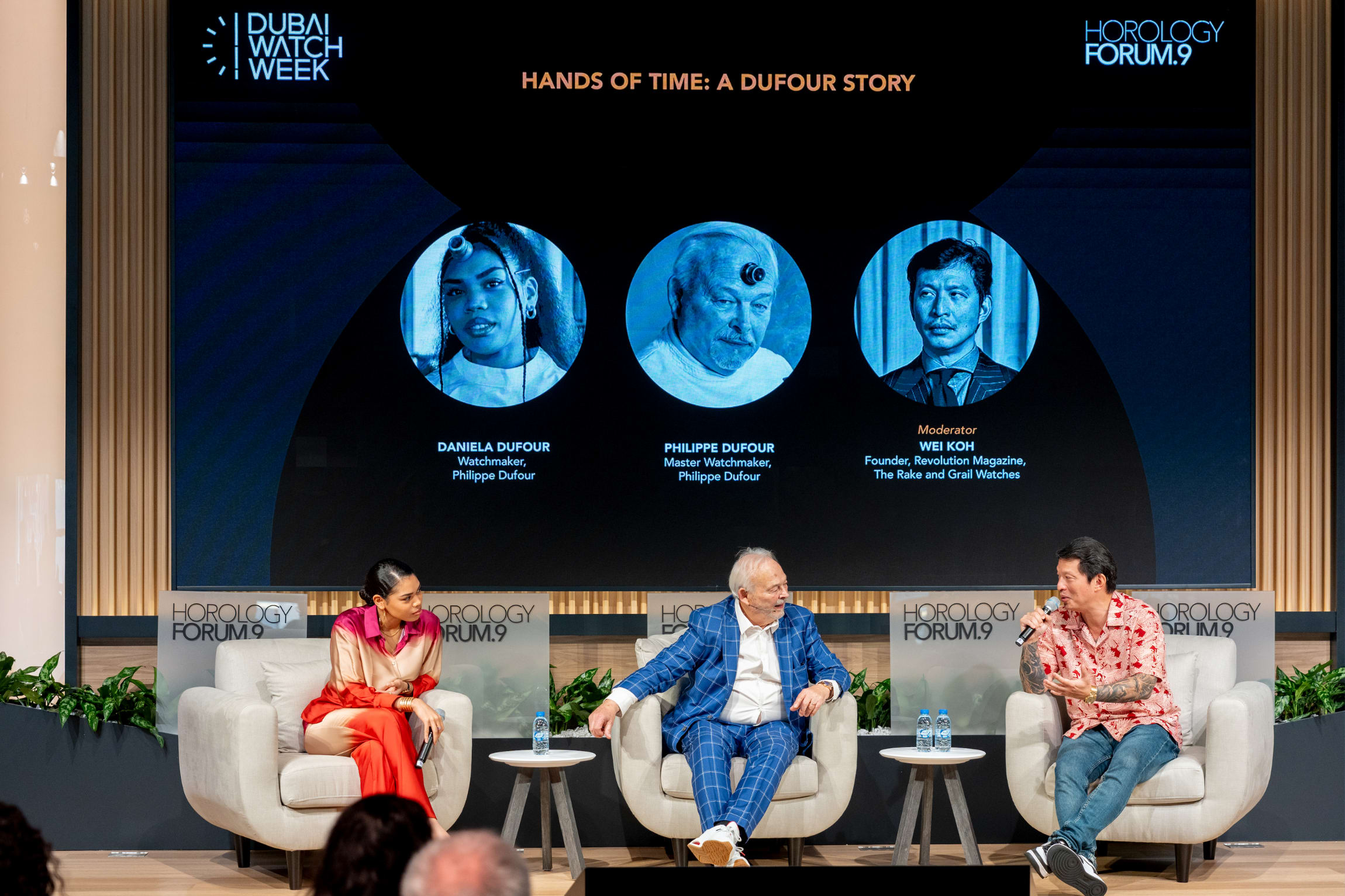 Father-Daughter Watchmaker duo, Danièla Dufour and Philippe Dufour and Founder of Revolution, Wei Koh (left to right) Photo: Dubai Watch Week