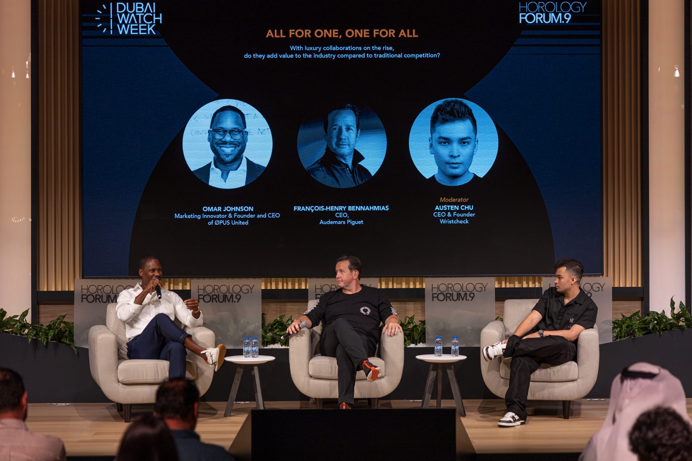 Former CMO for Beats By Dre Omar Johnson, Audemars Piguet’s CEO François-Henry Bennahmias and Co-founder of Wristcheck, Austen Chu at a panel discussion (left to right) Photo: Dubai Watch Week