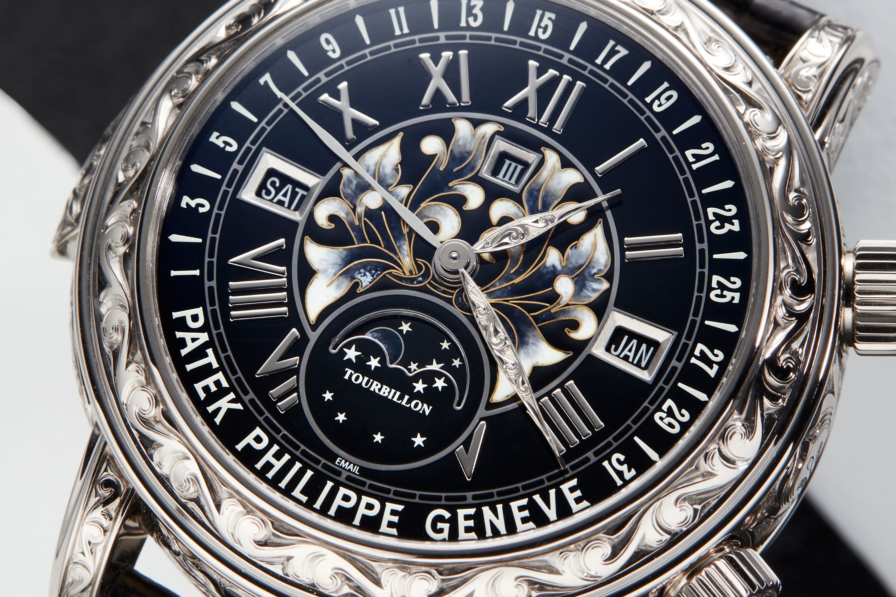 Patek Philippe’s Ref. 6002 Sky Moon Tourbillon features a hand-engraved case in white gold, dial in cloisonné and champlevé enamel Photo: Patek Philippe