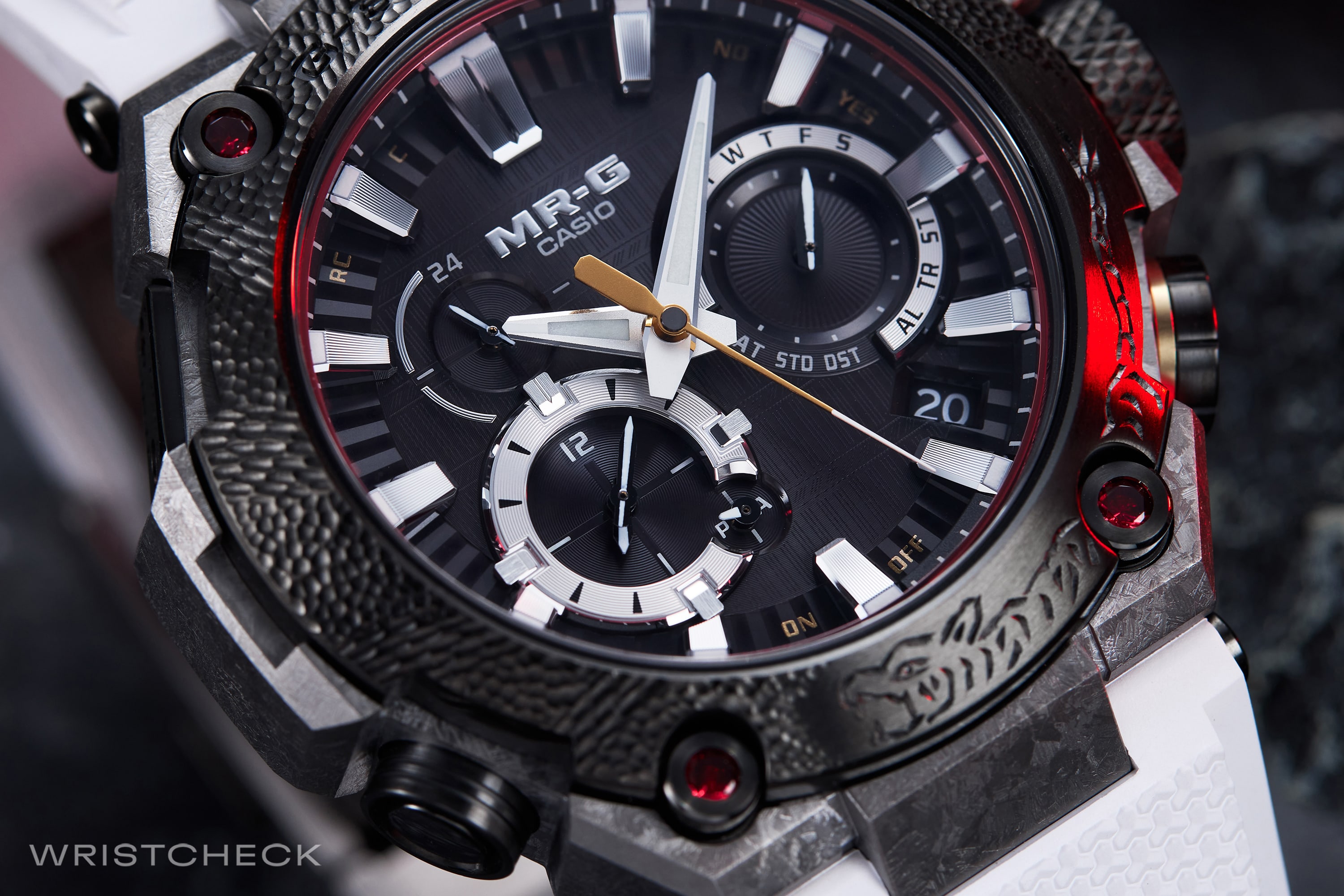 The watch’s titanium case is ion-plated in a dark silver color and finished with a deep-layer hardening process to bring out the crystalline pattern and add to its robustness