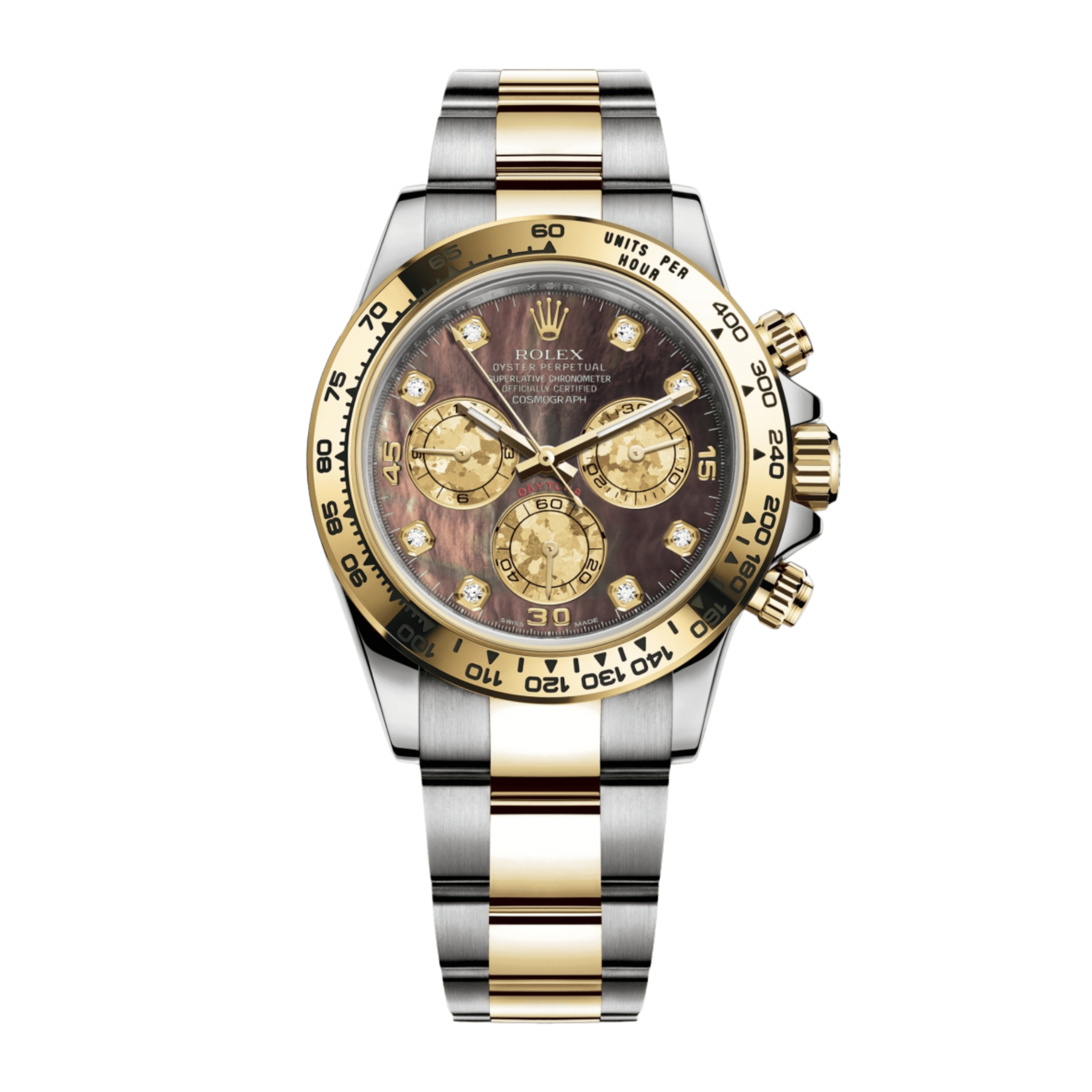 ミルクティ Rolex Daytona Yellow Gold & Steel Black Mother of Pearl Dial 40mm