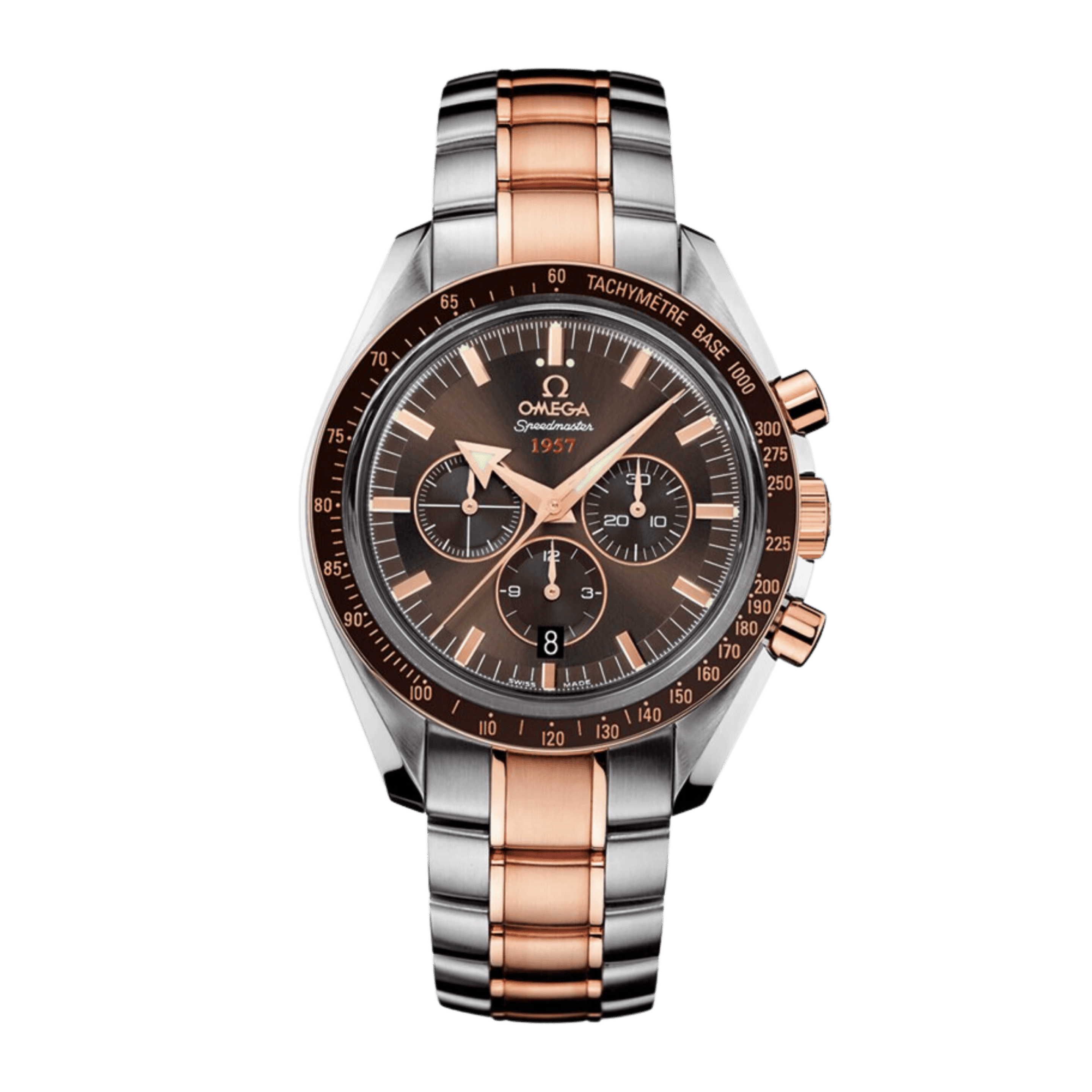 Omega Speedmaster Broad Arrow 1957 Rose Gold & Steel Brown Dial