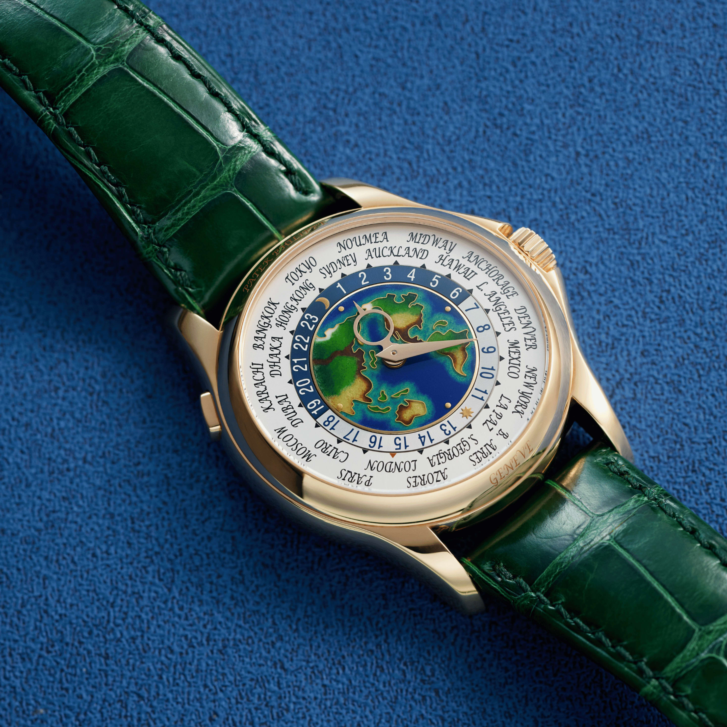 Patek Philippe World Time Rose Gold Cloisonne Enamel USA Asia Map