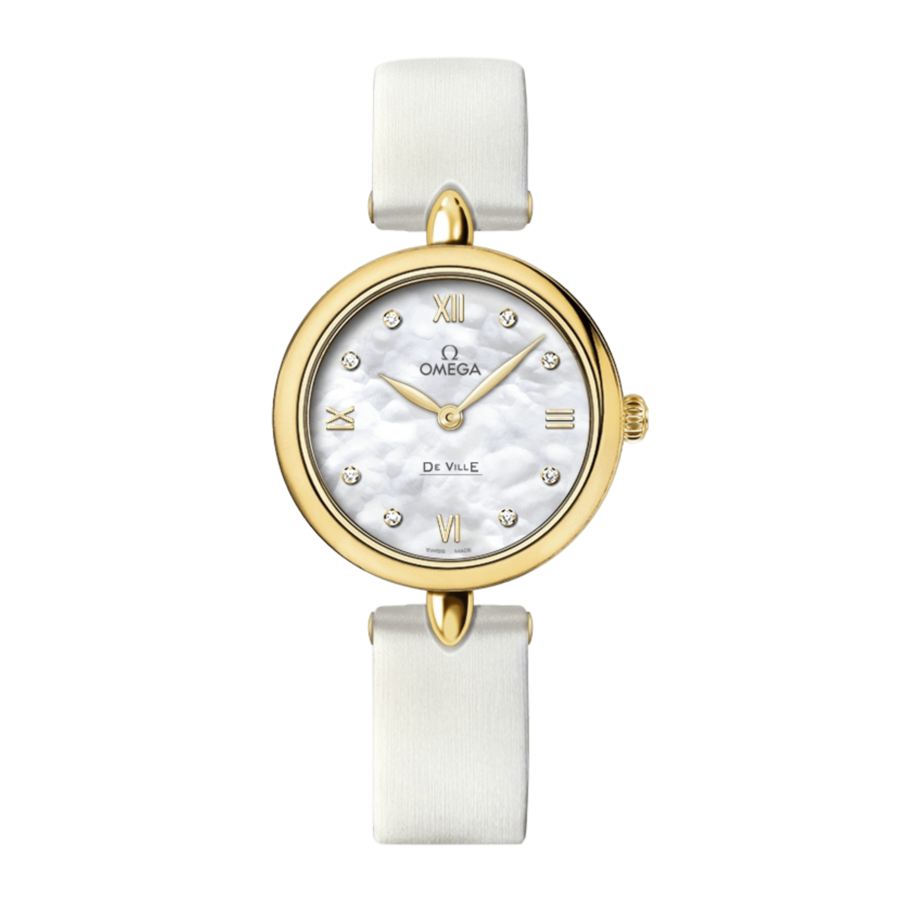 Omega De Ville Prestige Dewdrop Quartz Yellow Gold White MOP Dial