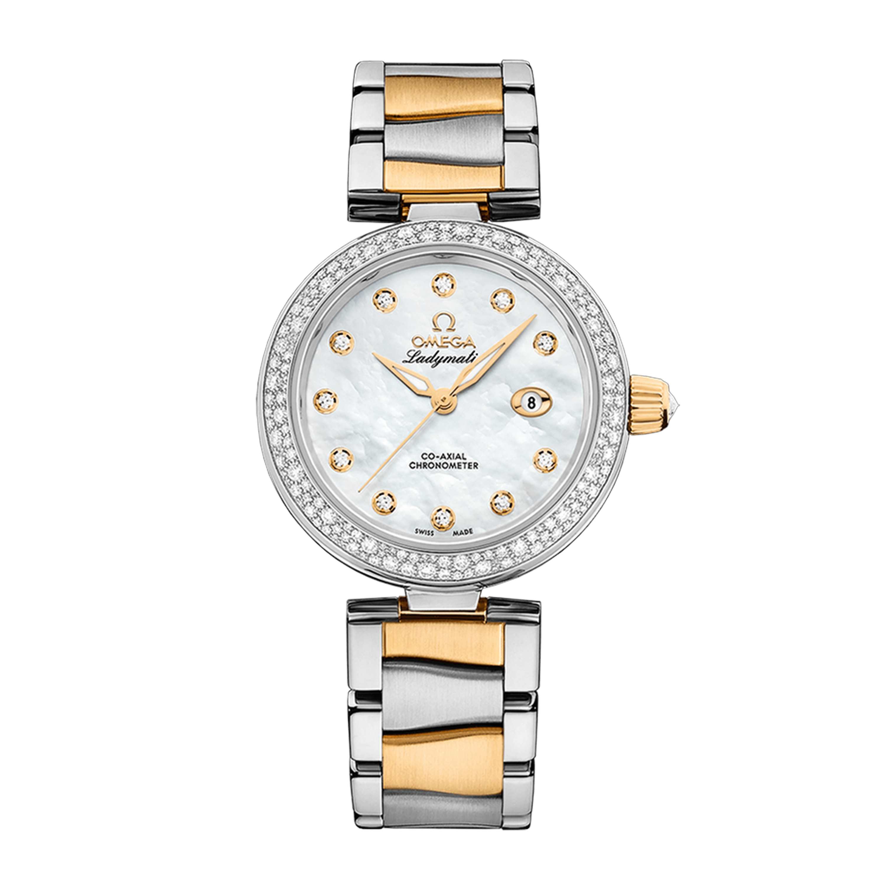 Omega LadyMatic Yellow Gold & Steel Diamond Mother of Pearl Dial