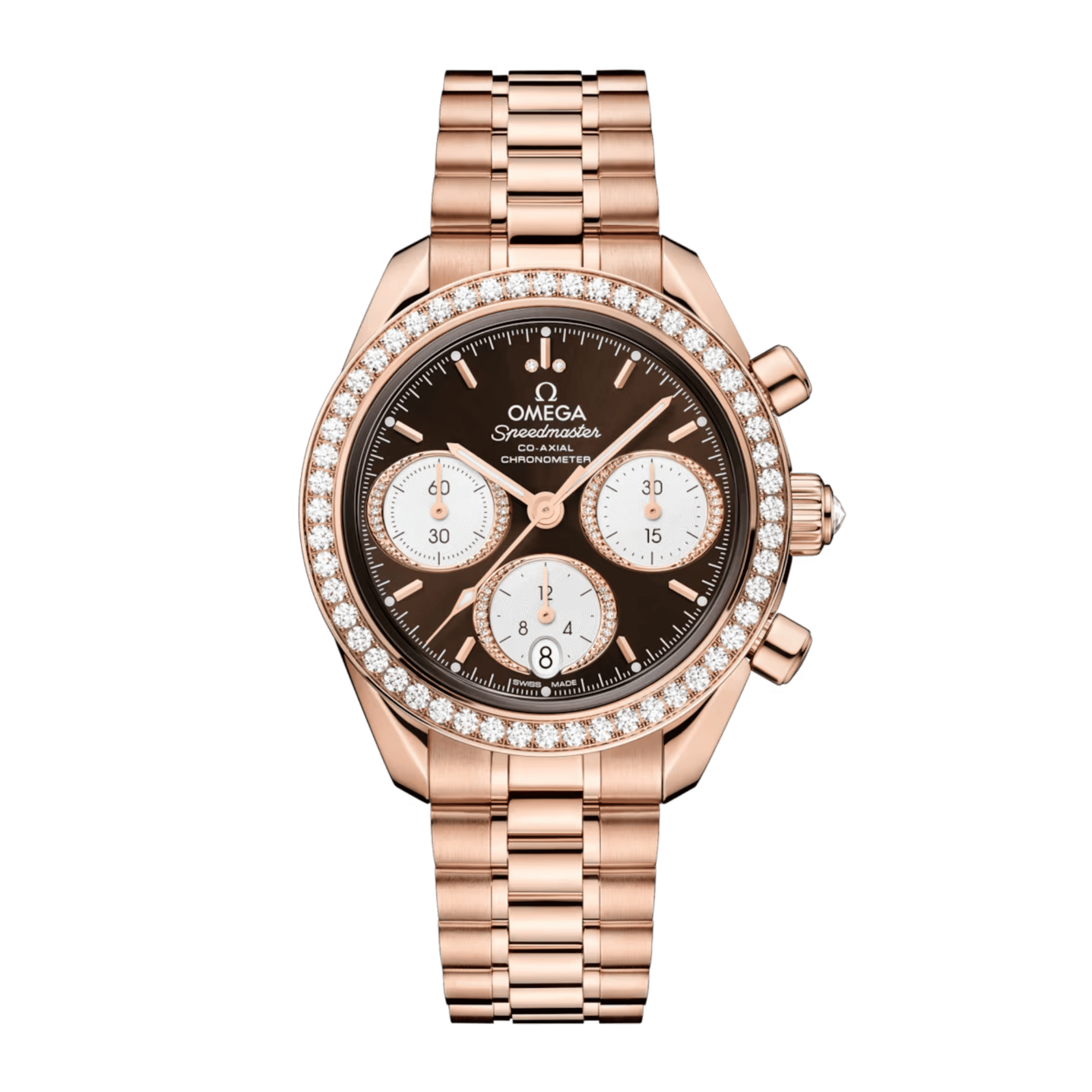 Omega Speedmaster Date Rose Gold Diamond Brown Dial 38mm 324.55