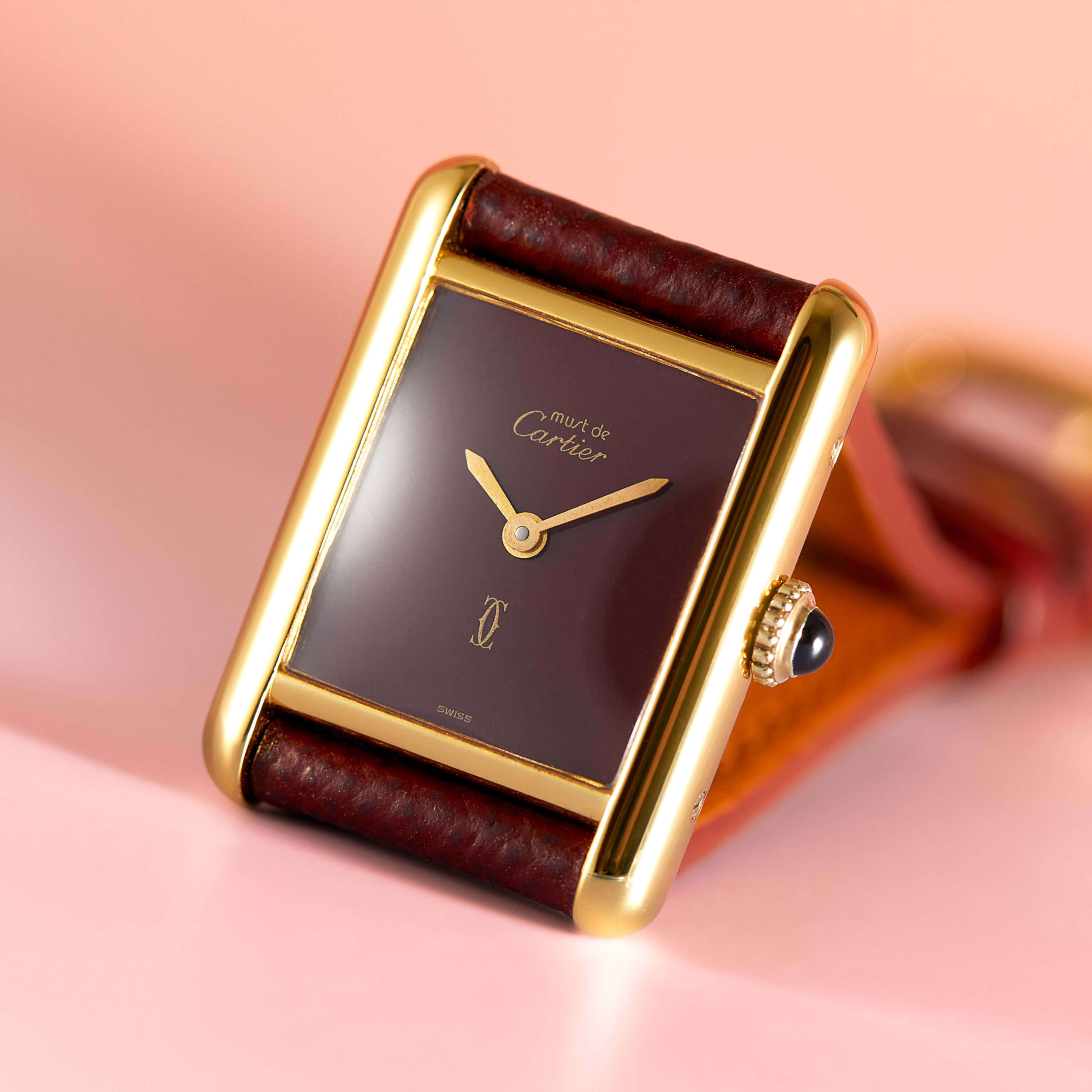 Cartier Vintage Tank Vermeil Gold Plated Burgundy Dial 23mm 59005