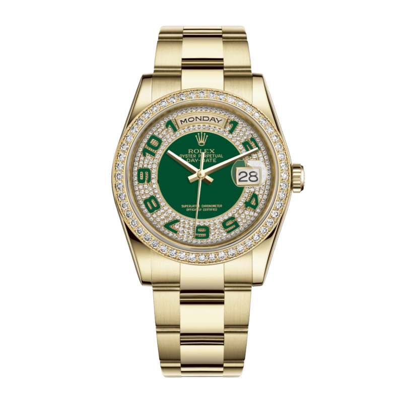 Photo of Day-Date 36 Yellow Gold Diamond Green Pave Dial 36mm