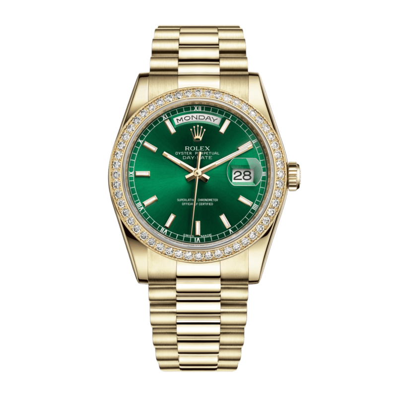 Photo of Day-Date 36 Yellow Gold Diamond Green Dial 36mm