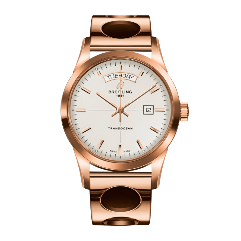 Breitling Transocean Day & Date Rose Gold Silver Dial 43mm