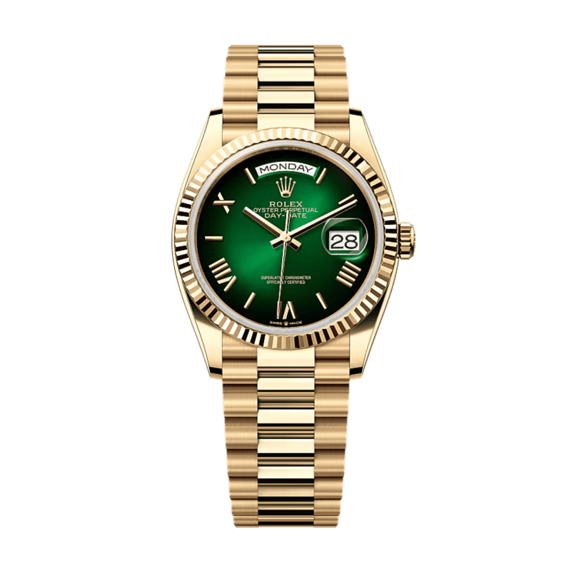 Photo of Day-Date Yellow Gold Green Ombré Dial 36mm