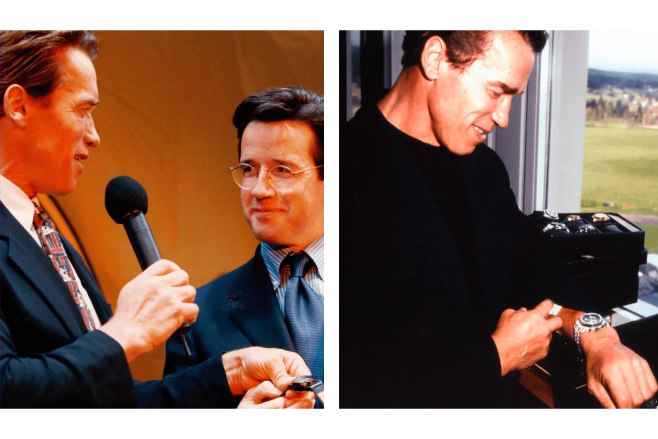Pictured here are Arnold Schwarzenegger and François-Henry Bennahmias auctioning off examples of the Royal Oak ‘End of Days’ on behalf of the actor's Inner City Games Foundation (left) Photo: Audemars Piguet Archives