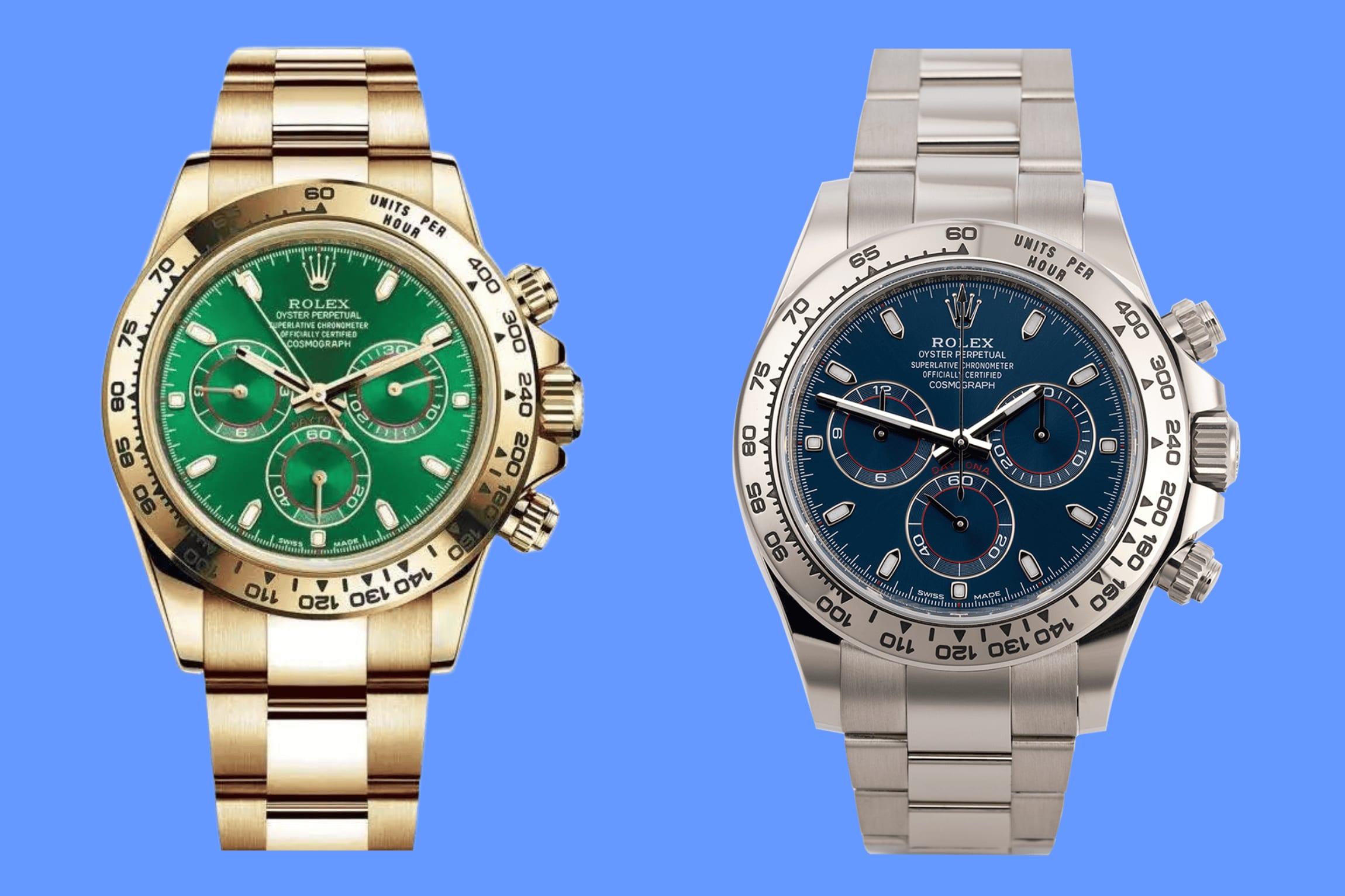 Rolex Daytona Ref. 116508 (yellow gold, green dial) and Ref. 116509 (white gold, midnight blue dial).png