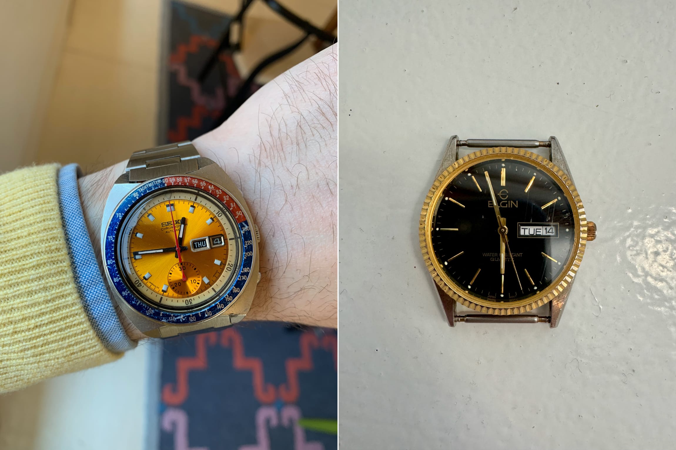 Seiko Pogue Ref. 6139 (left); an old Elgin that originally belong to Jeremy's Dad (right) Photo: Jeremy Kirkland