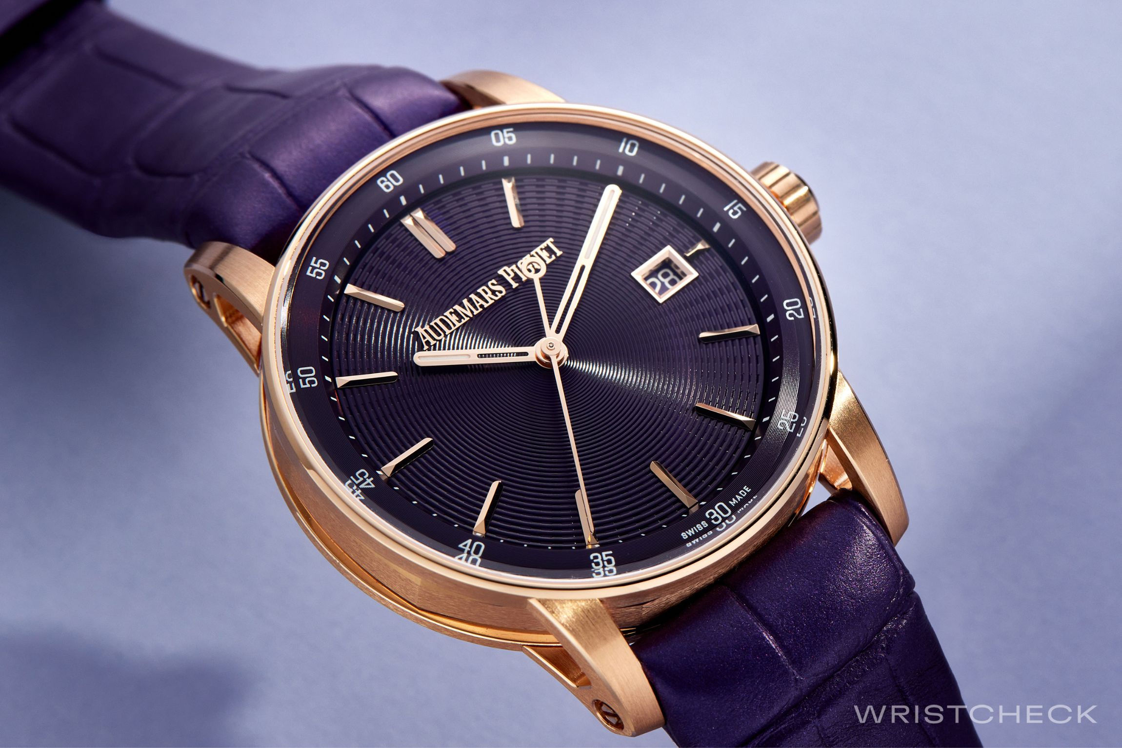 The texture on the dial is achieved through a stamping method developed in conjunction with Yann von Kaenel, a Swiss expert who specializes in guilloché techniques