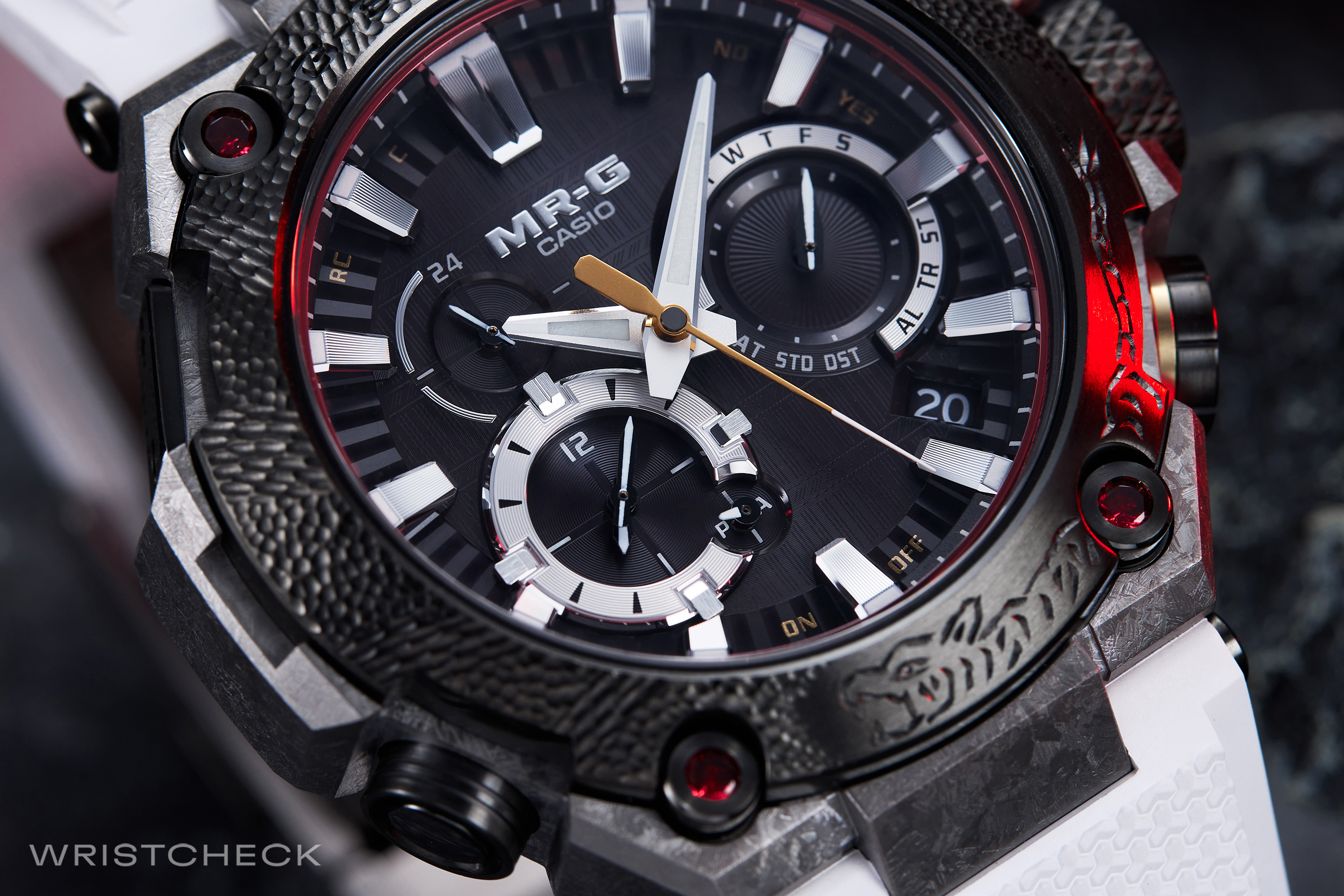 The watch’s titanium case is ion-plated in a dark silver color and finished with a deep-layer hardening process to bring out the crystalline pattern and add to its robustness
