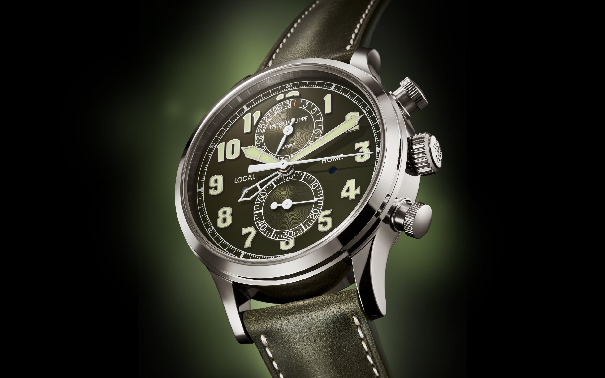 Calatrava Pilot Travel Time Chronograph White Gold Green Dial 42mm Product Image 1