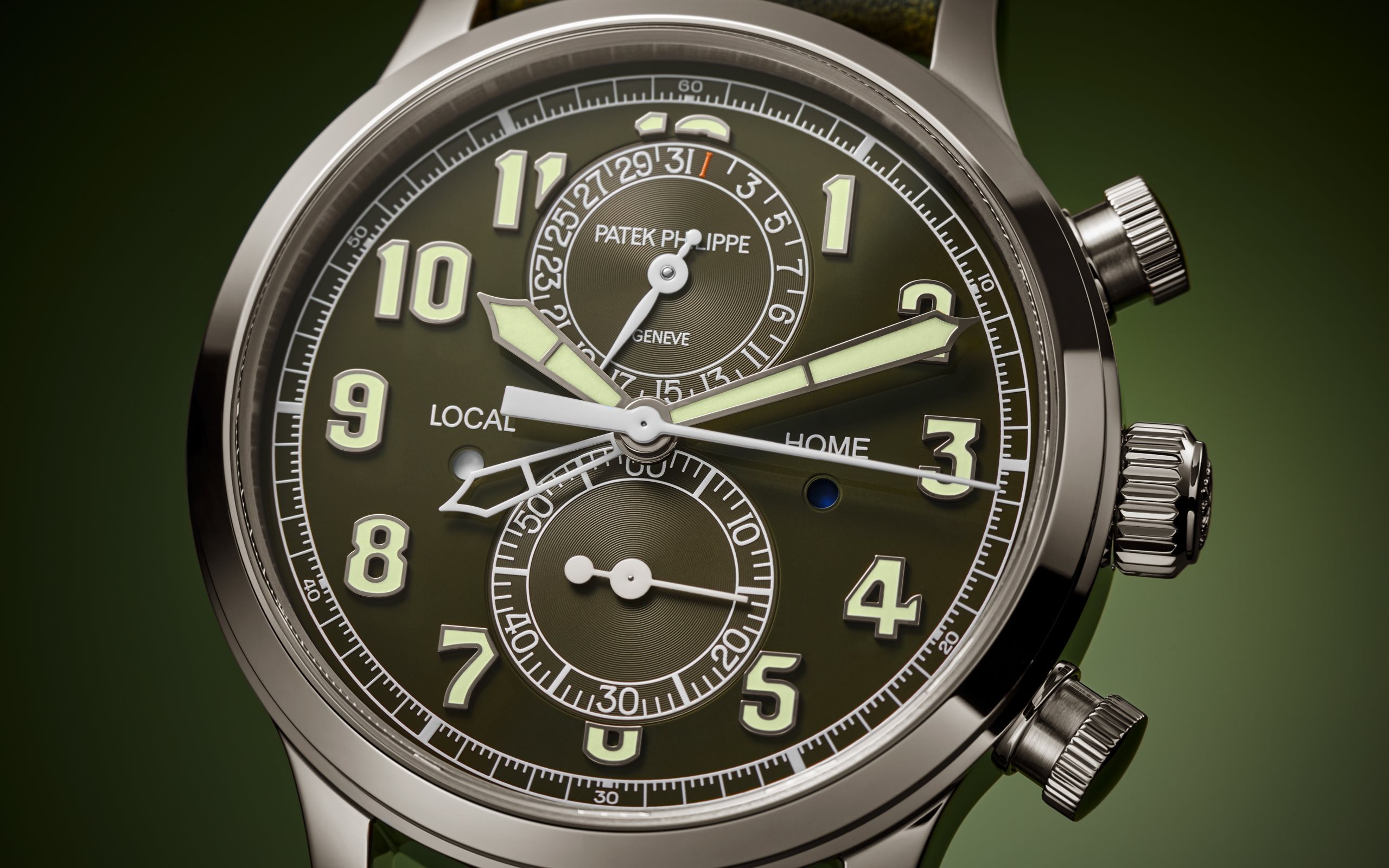 Calatrava Pilot Travel Time Chronograph White Gold Green Dial 42mm Product Image 2