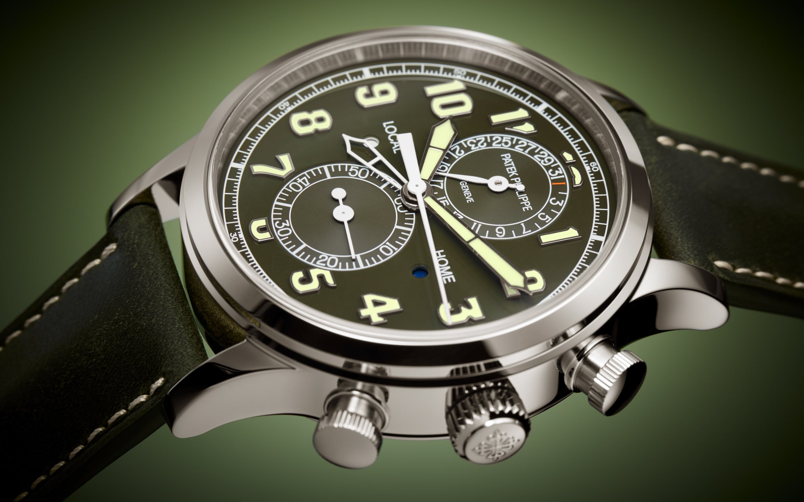 Calatrava Pilot Travel Time Chronograph White Gold Green Dial 42mm Product Image 3