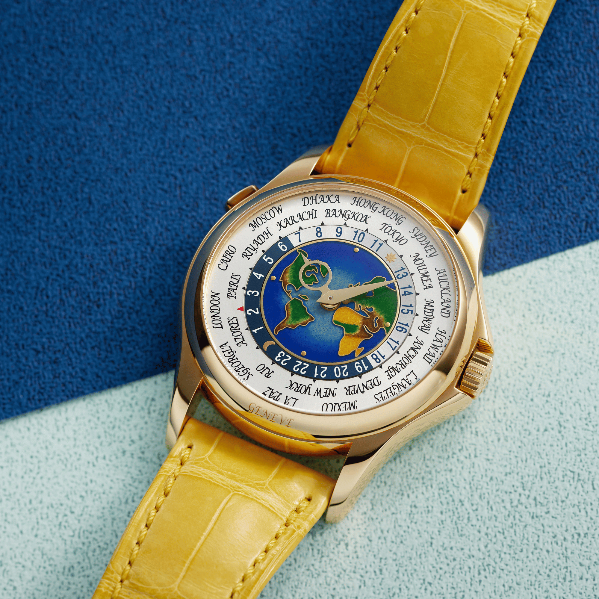 Complications World Time Yellow Gold Cloisonne Enamel USA Europe Map Double Sealed 39mm Product Image