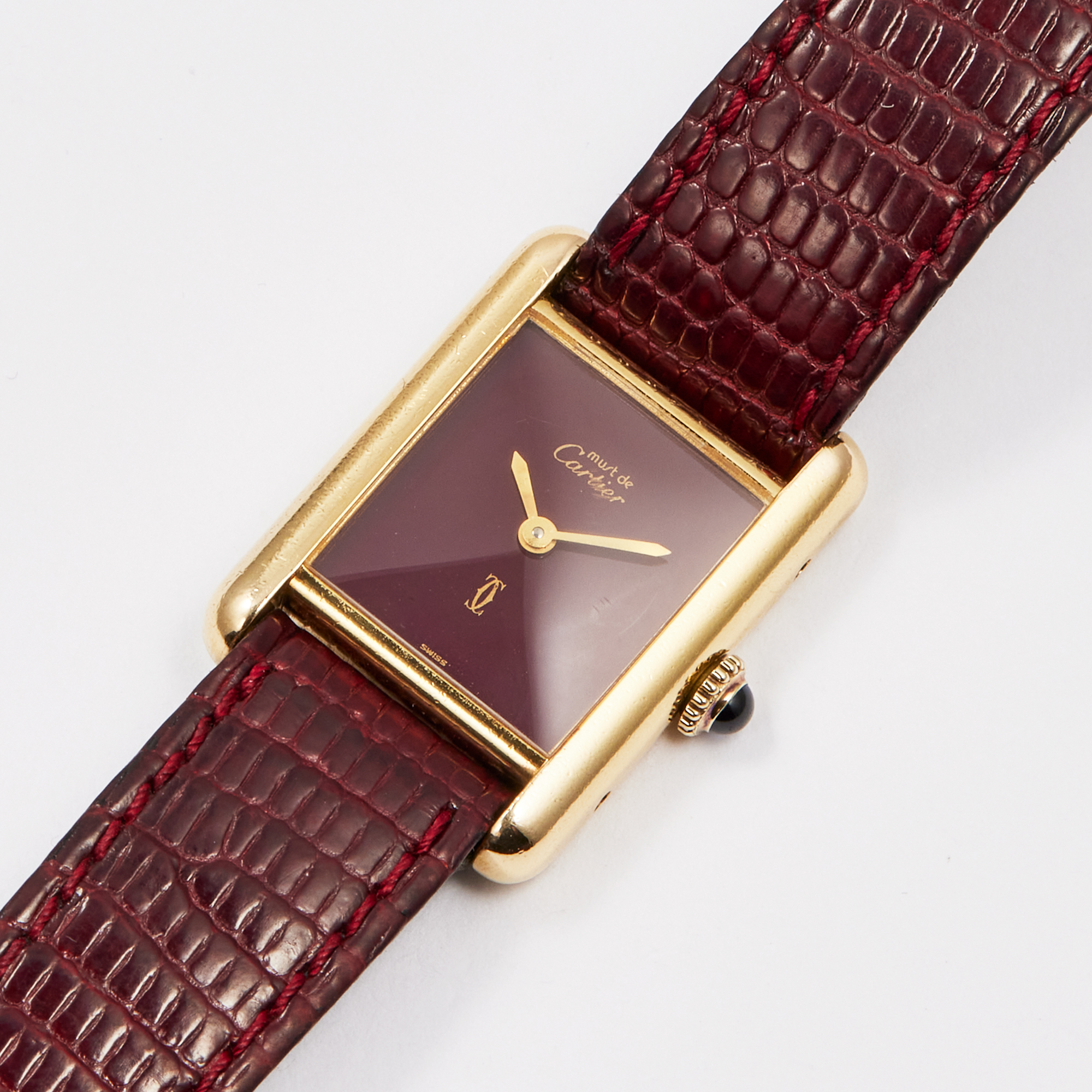 Vintage Tank Must Vermeil Gold Plated Silver Burgundy Dial 21mm Product Image 1