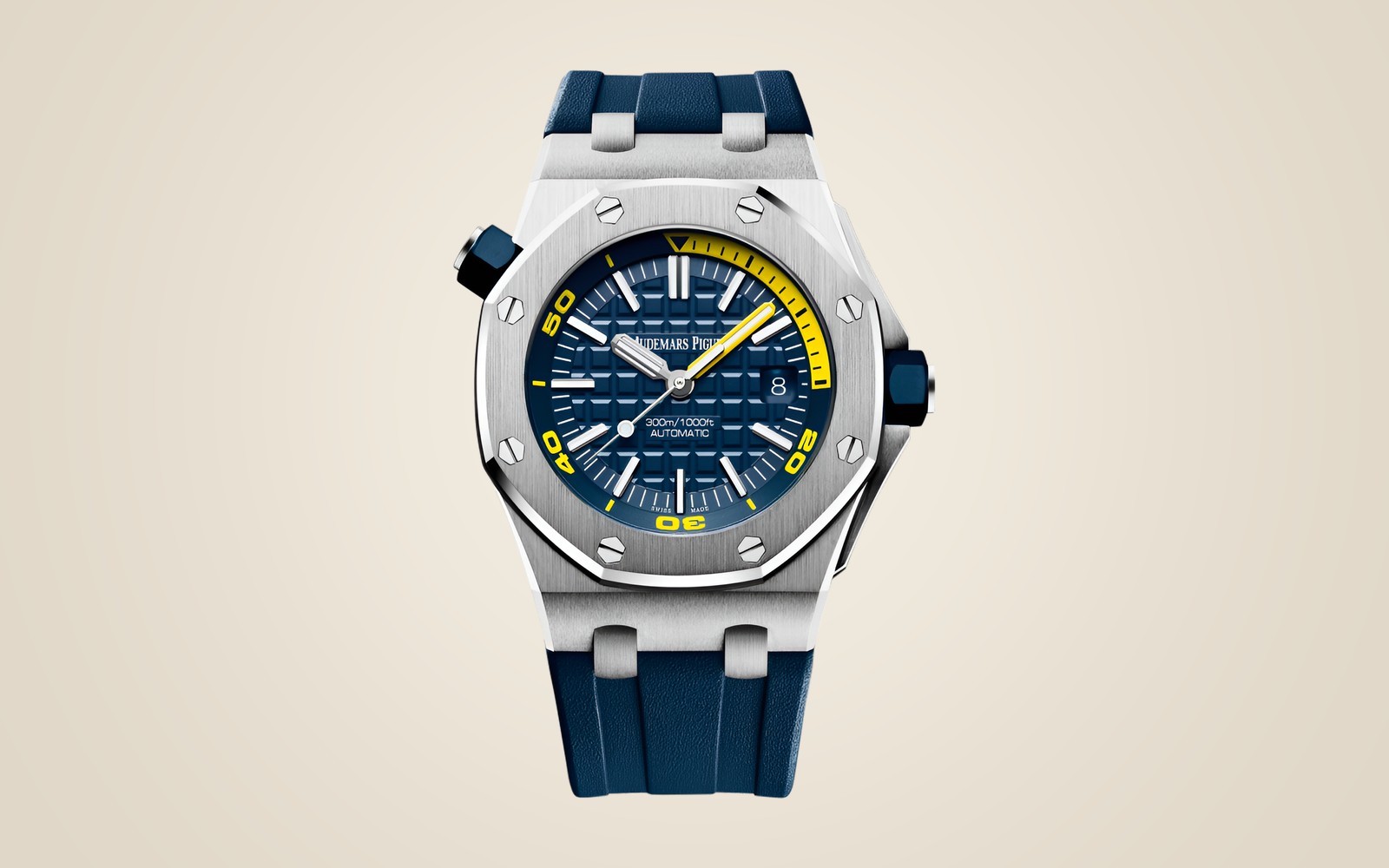 Audemars Piguet Royal Oak Offshore Diver 15710ST on champagne background
