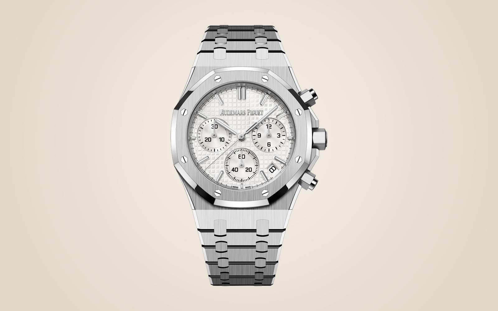 Audemars Piguet Royal Oak Chronograph 26240ST on champagne background