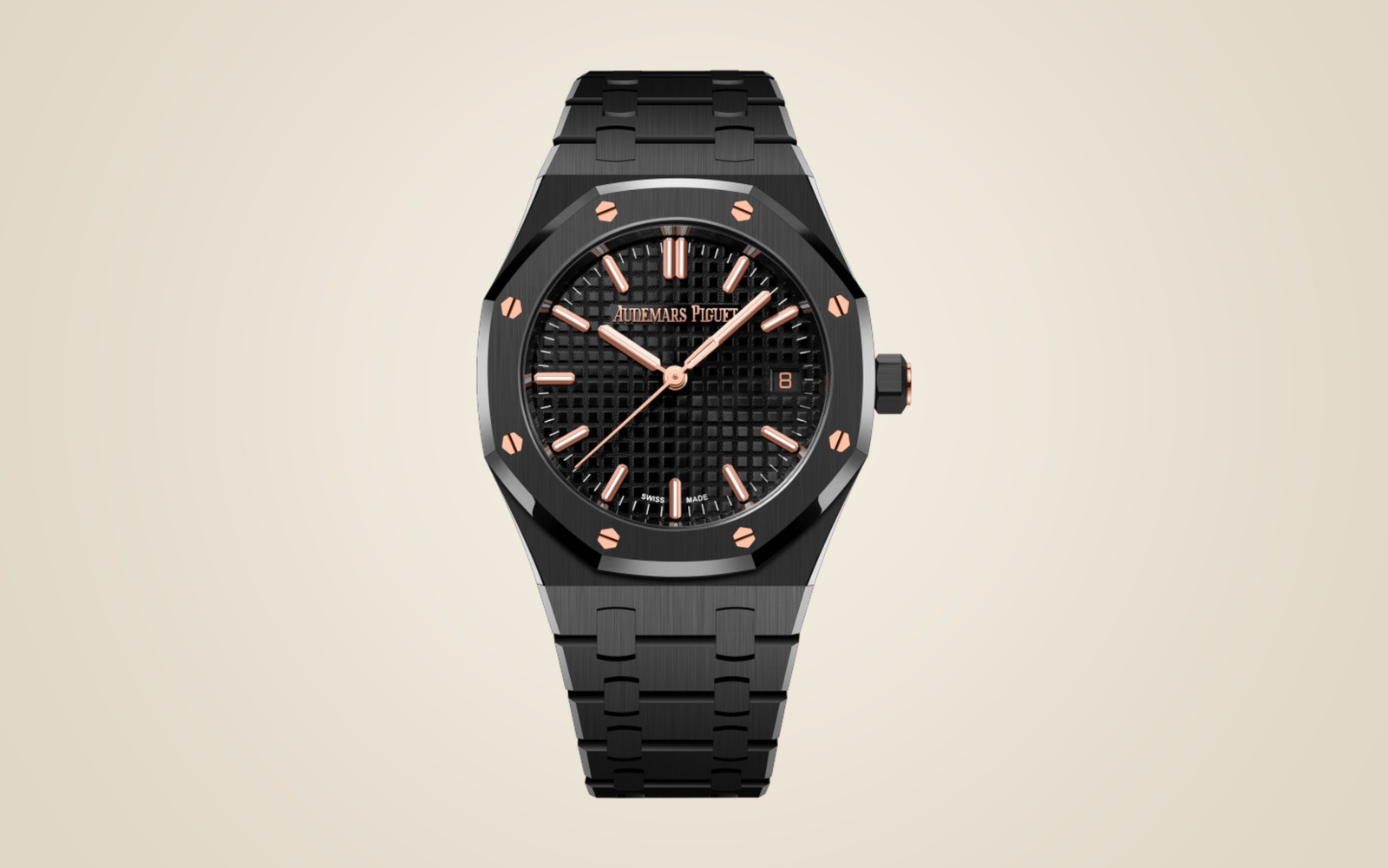 Audemars Piguet Royal Oak 34 Ceramic 77350CE on champagne background