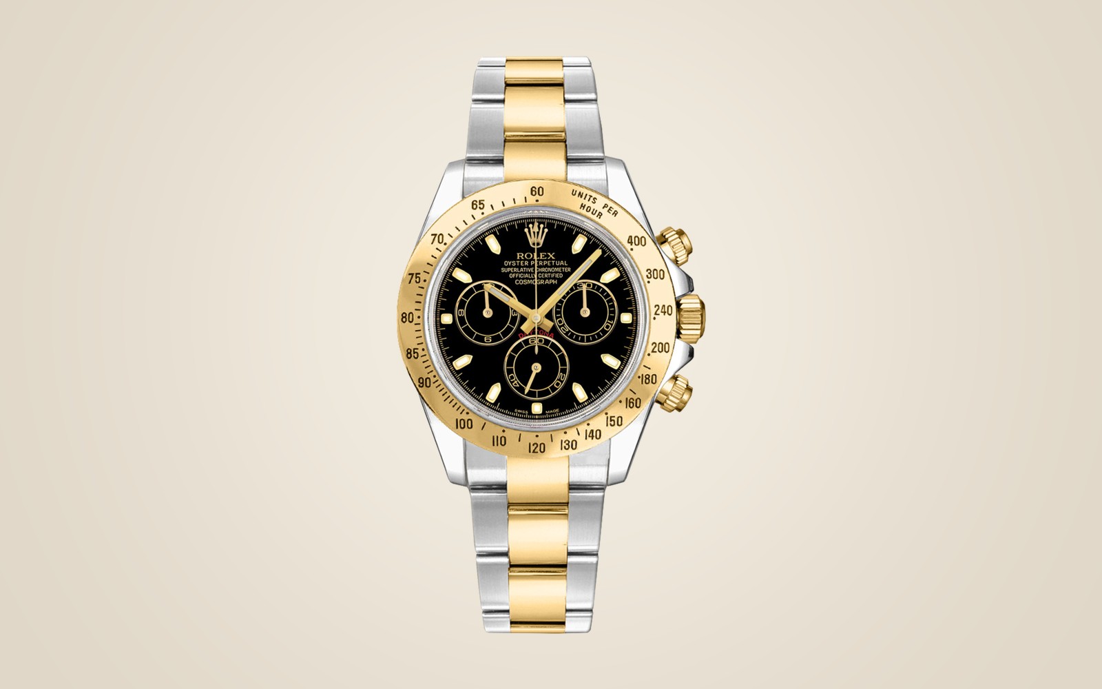 Rolex Daytona 116523 Two-Tone on champagne background