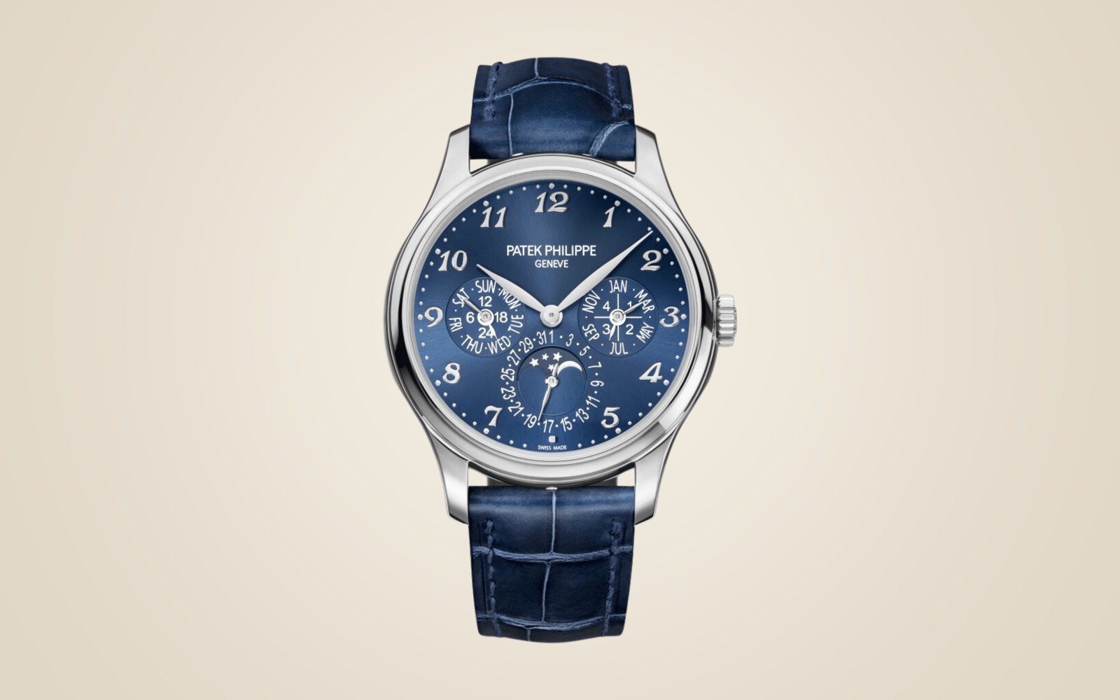 Patek Philippe Perpetual Calendar 5327G on champagne background