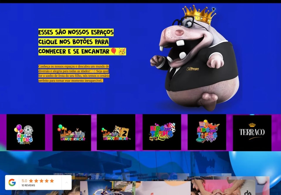 Página de espaços do site Mterranee, com mascote e navegação pelas opções de ambientes para festas