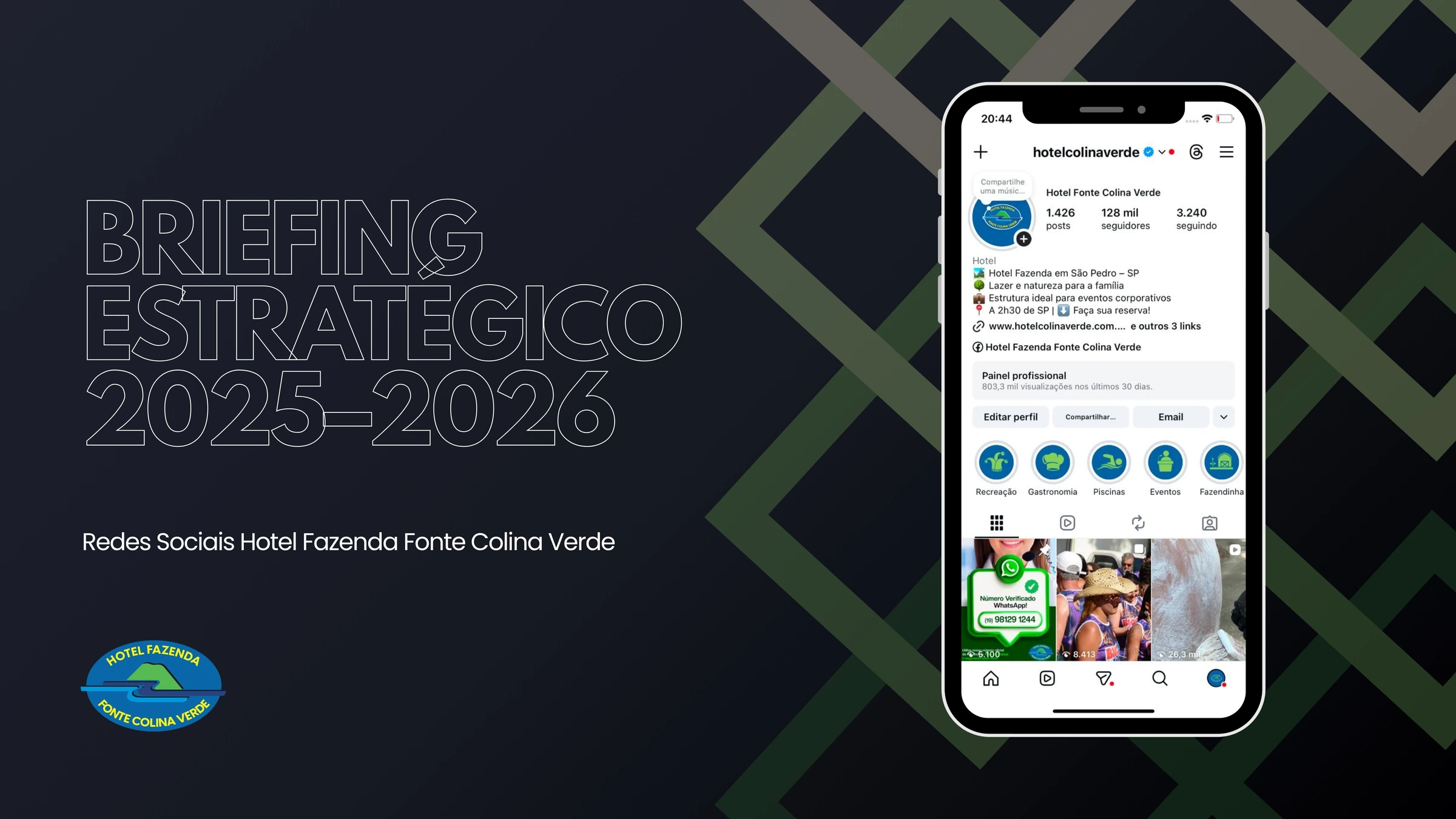 Capa do briefing estratégico de redes sociais do Hotel Fazenda Fonte Colina Verde, com apresentação do perfil no Instagram