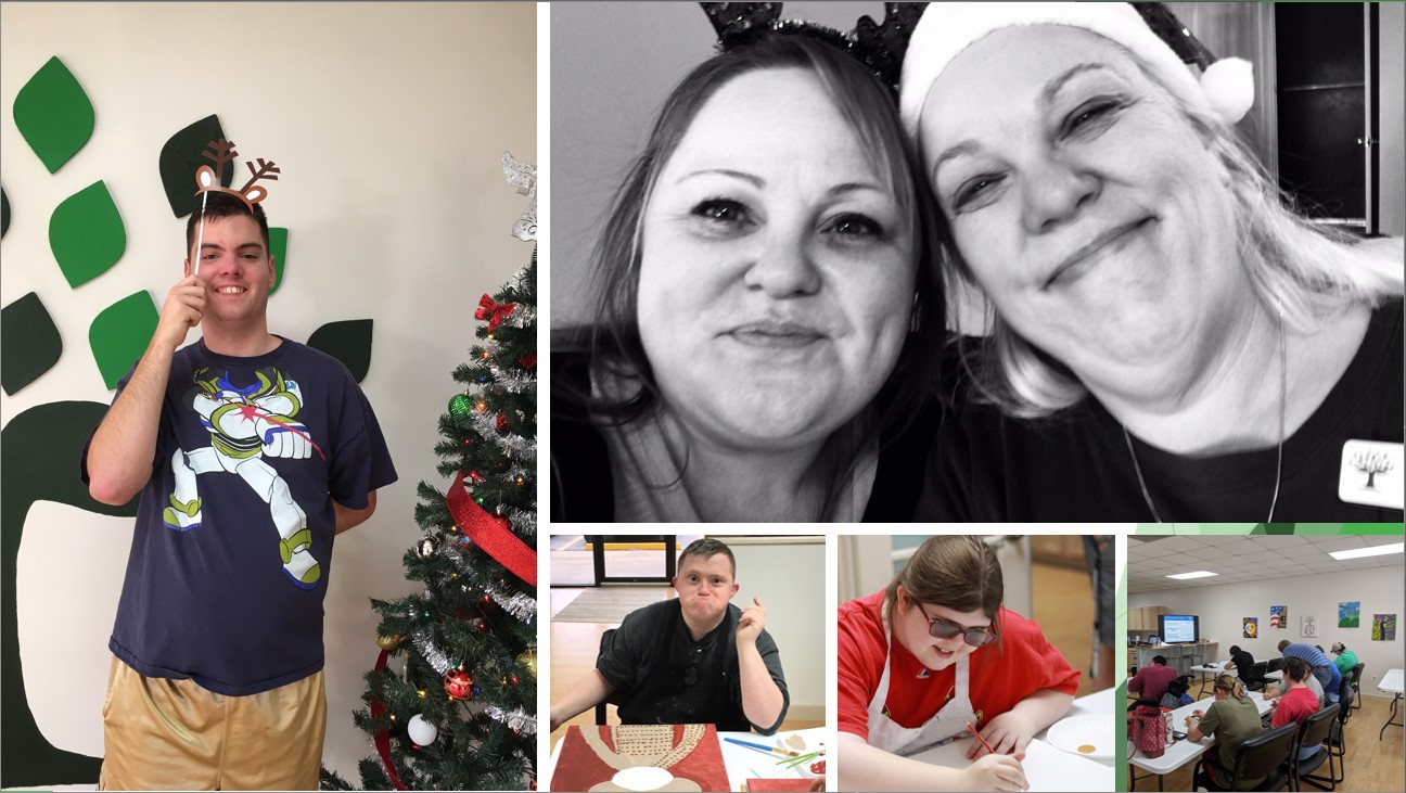 collage of individuals participating in wc partners events at christmas time and also in painting activities as well as two support coordinators