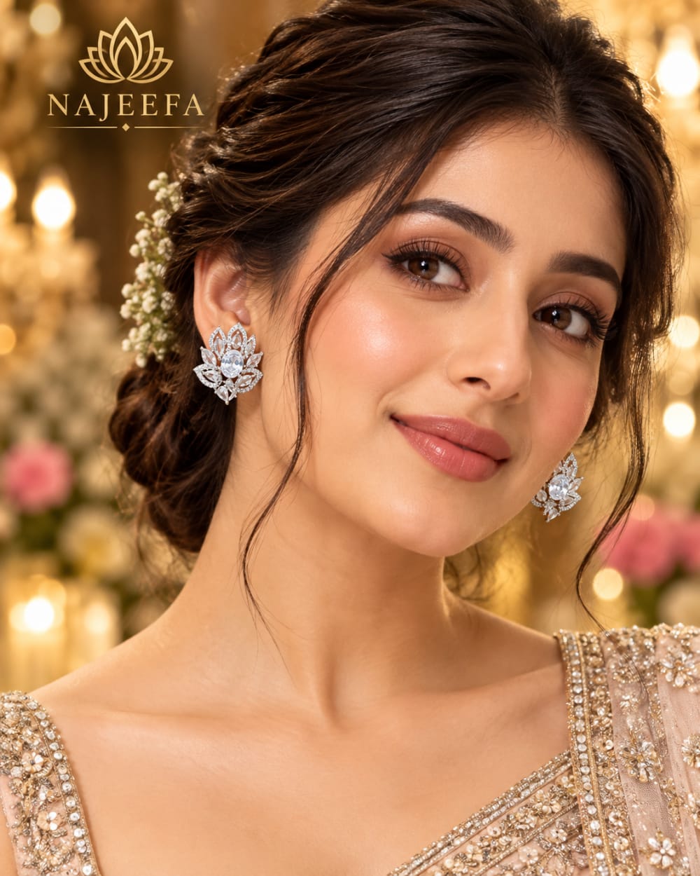 Classic white CZ floral stud earrings with sparkling oval centerpiece