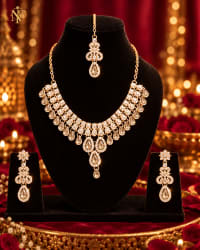 Red Teardrop Bridal Jewelry Set, Gold Tone Crystal Necklace with Earrings view 3