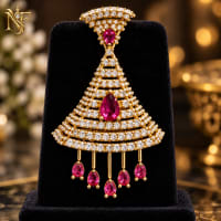Gold tone Ruby Red statement earrings with sparkling CZ stones and teardrop drops