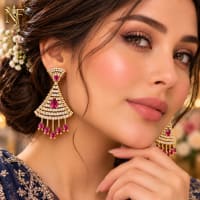 Elegant Ruby Red wedding earrings with gold tone finish and dangling teardrop stones