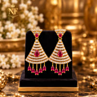 Ruby Red CZ dangle earrings in gold tone with fan shaped layered design