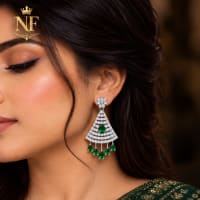 Elegant Emerald Green wedding earrings with gold tone finish and dangling teardrop stones