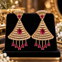 Ruby Red bridal dangle earrings with clear CZ stones and hanging teardrop accents