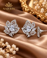 White CZ halo stud earrings with floral leaf pattern for women