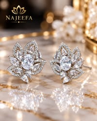 Lotus inspired white CZ stud earrings with oval halo design