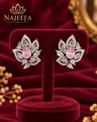 Pink CZ halo stud earrings with floral leaf pattern for women