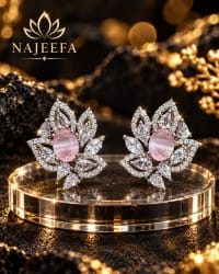 Romantic pink oval stud earrings with CZ halo and leaf motif