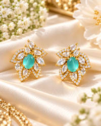 Refreshing aqua chalcedony stud earrings with floral CZ halo setting
