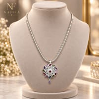 Multicolor Floral Pendant Necklace, Silver Tone Statement Jewelry view 3