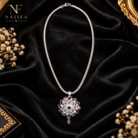 Multicolor Floral Pendant Necklace, Silver Tone Statement Jewelry view 9