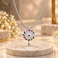 Multicolor Floral Pendant Necklace, Silver Tone Statement Jewelry view 8