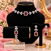 Ruby Red floral crystal jewelry set with necklace earrings and adjustable bracelet